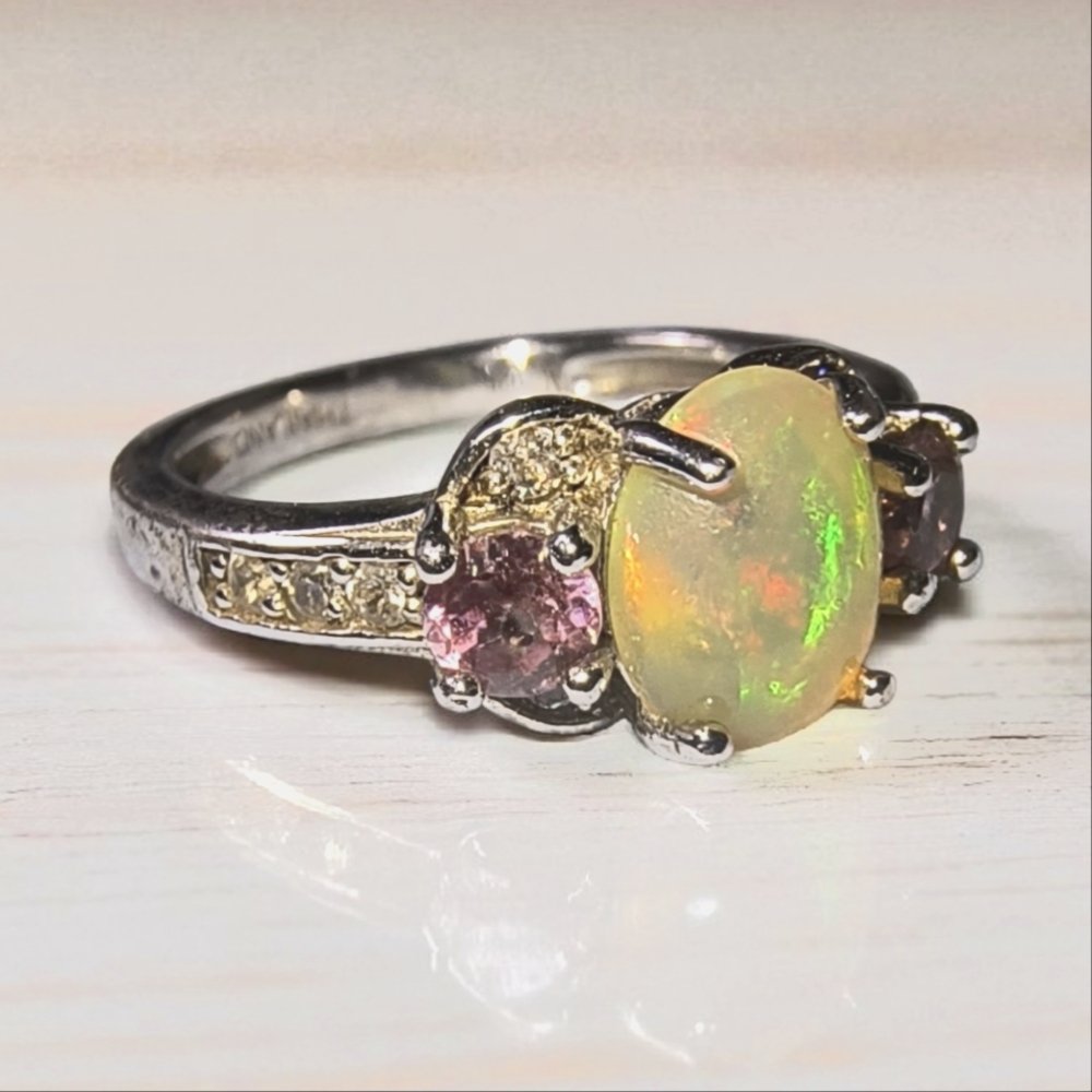 Genuine Ethiopian Opal, Pink Sapphire, White Topaz & Sterling Silver Ring